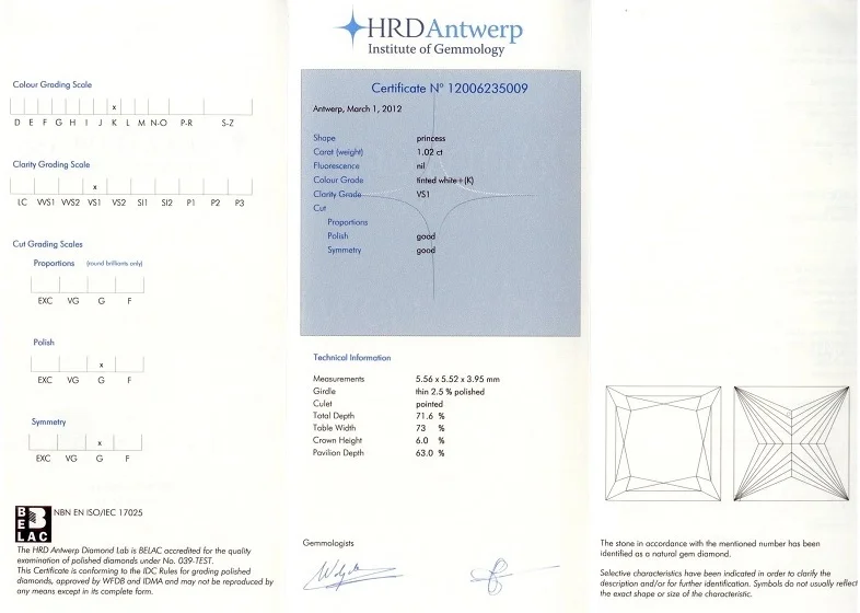 Hoge Raadvoor Diamant (HRD) Diamond Certificate