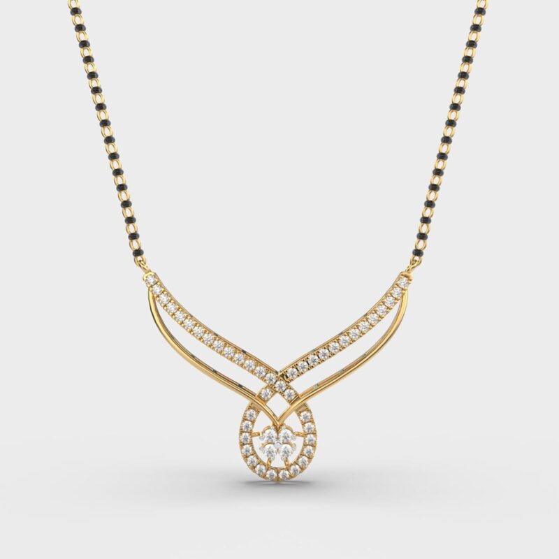 Minimalist solitaire mangalsutra; 16–18 in; pendant 10–12 mm; everyday saree pairing