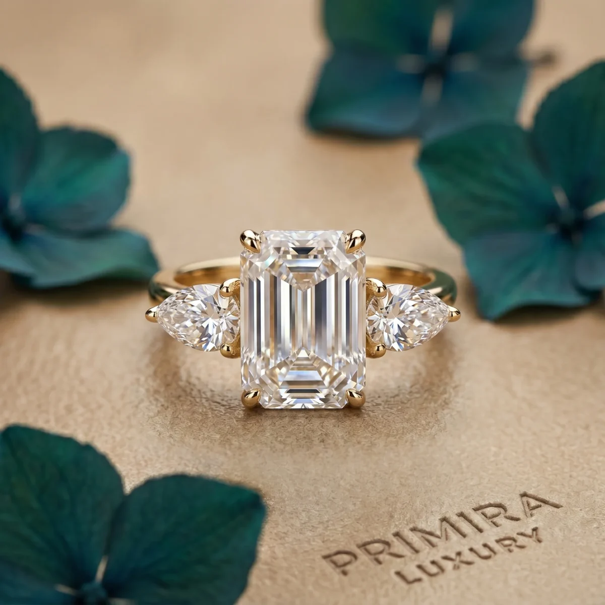 Emerald Symphony 3 Carat White Emerald Three-Stone Ring Online | Primira Luxury
