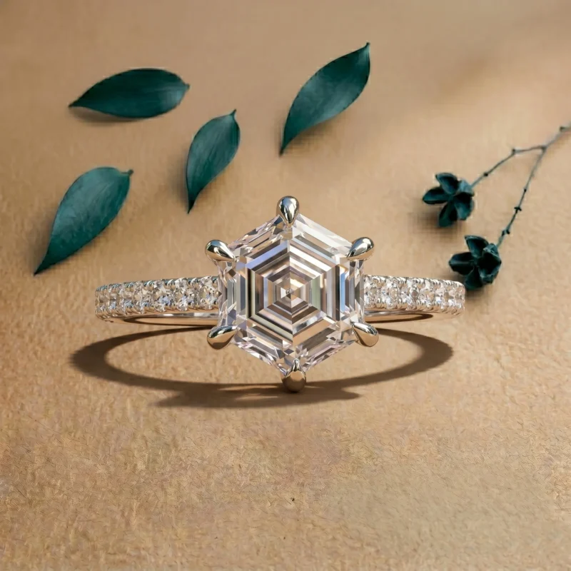 Hexagonal Step-Cut 1.5 Carat White Diamond Pave Ring