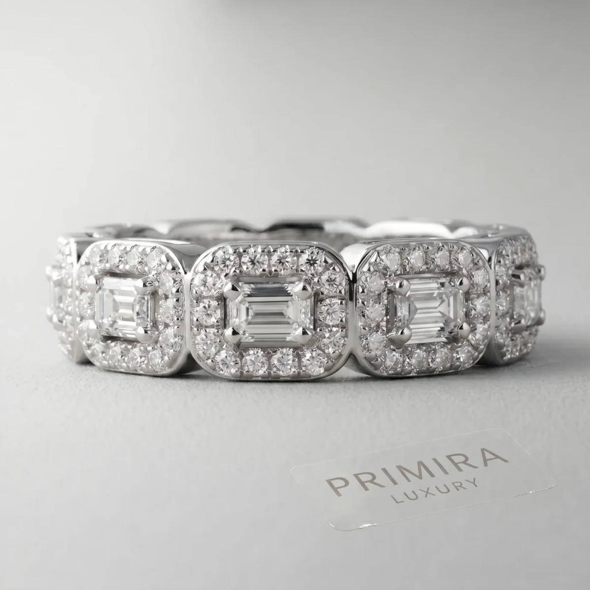 Eternal Halo 1.5 Carat Emerald White Diamond Eternity Ring Online | Primira Luxury
