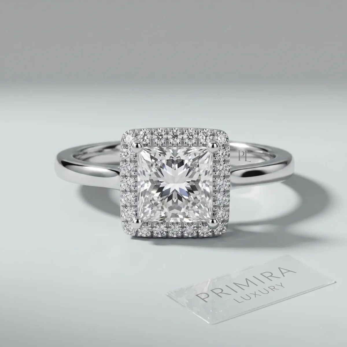 Royal Essence 1.5 Carat Princess White Diamond Halo Ring Online | Primira Luxury