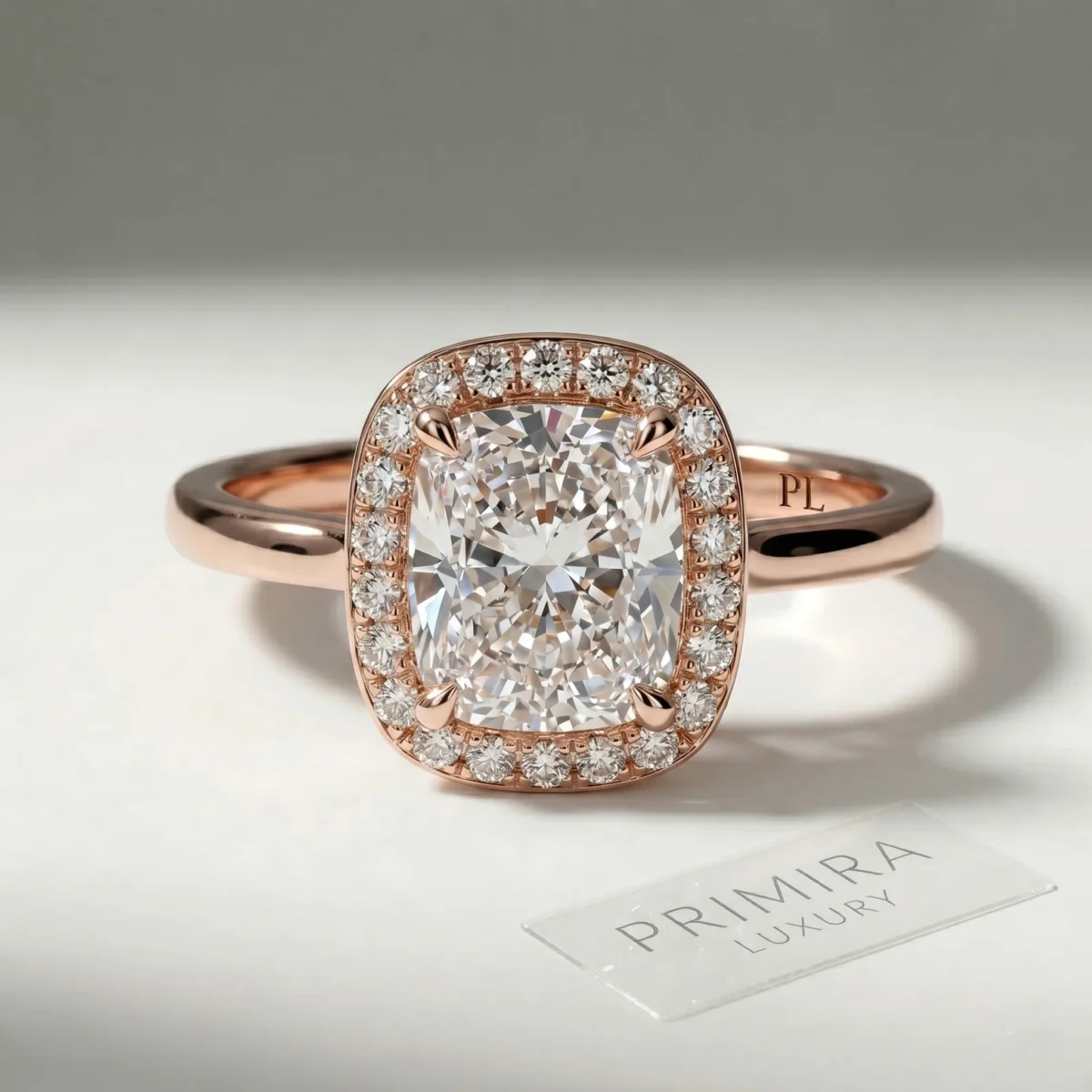 Ethereal 2 Carat Cushion White Diamond Halo Ring Online | Primira Luxury