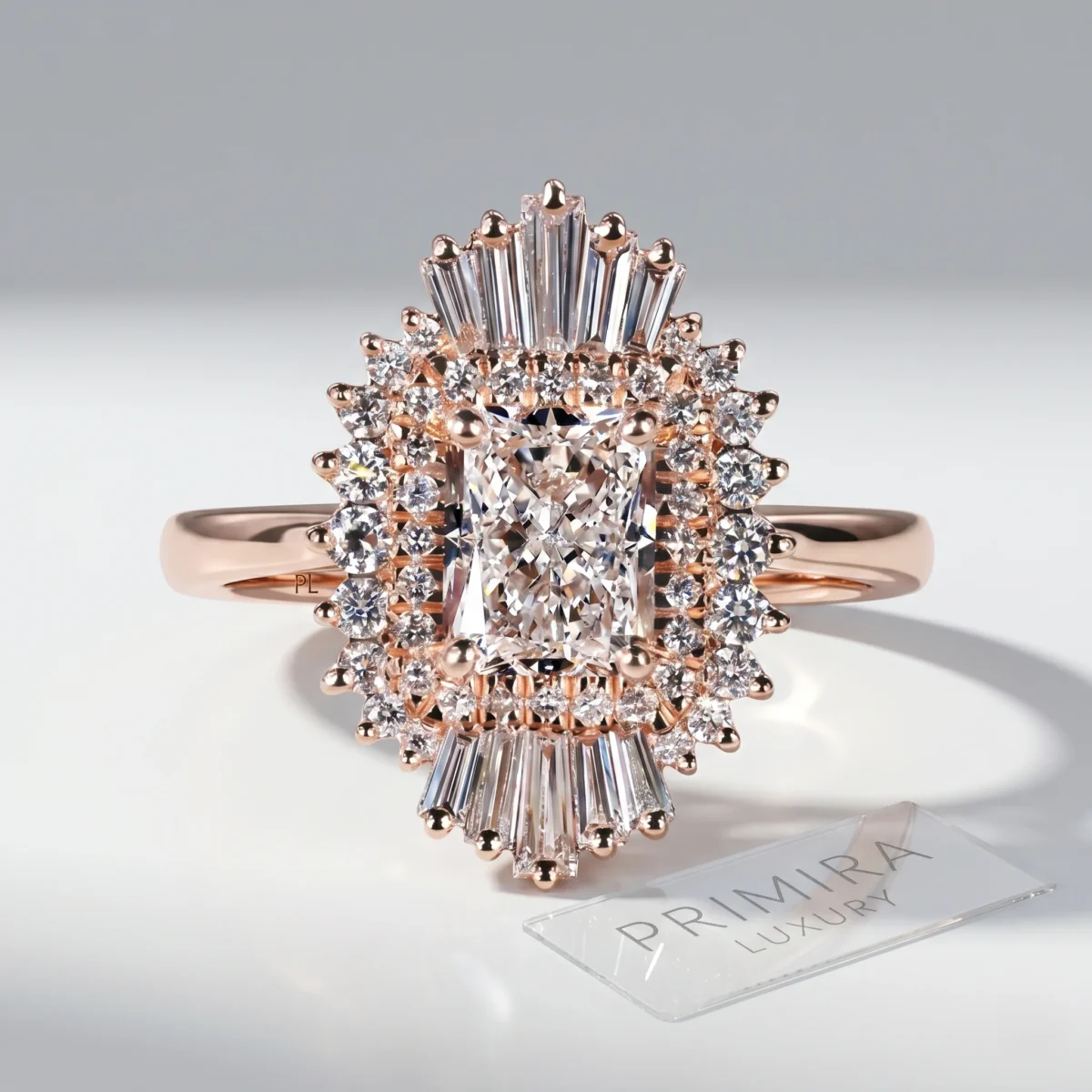 Snowflake Elegance 2 Carat Radiant White Diamond Halo Ring Online | Primira Luxury