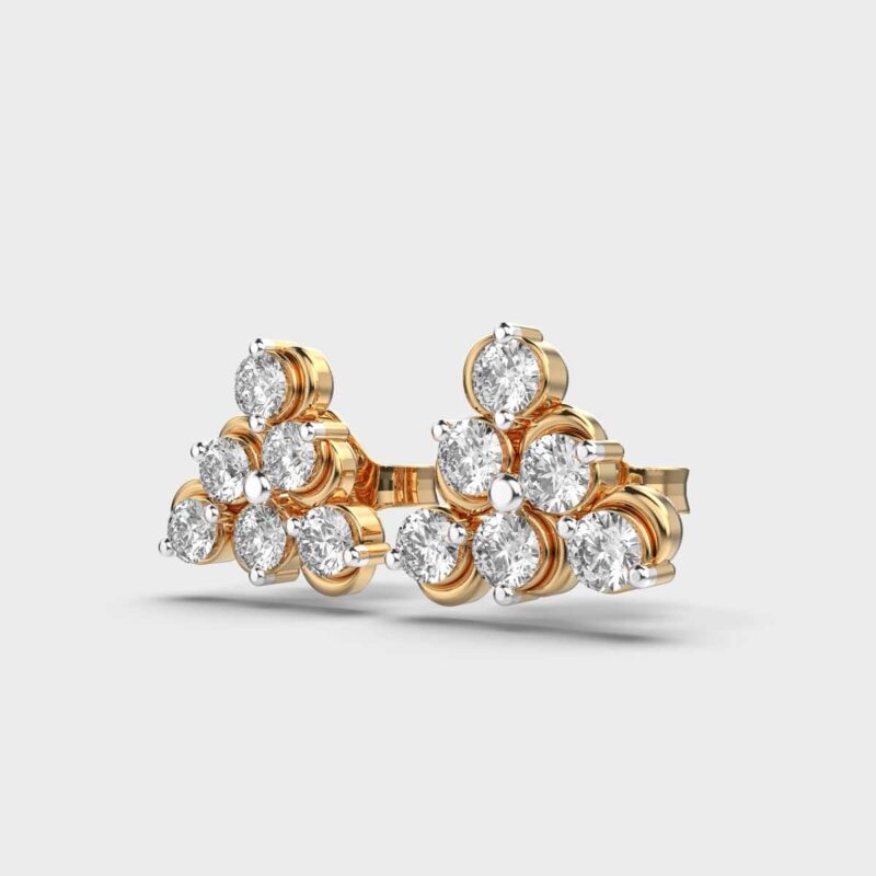 Lab grown diamond 14K gold triangular cluster stud earrings, front view