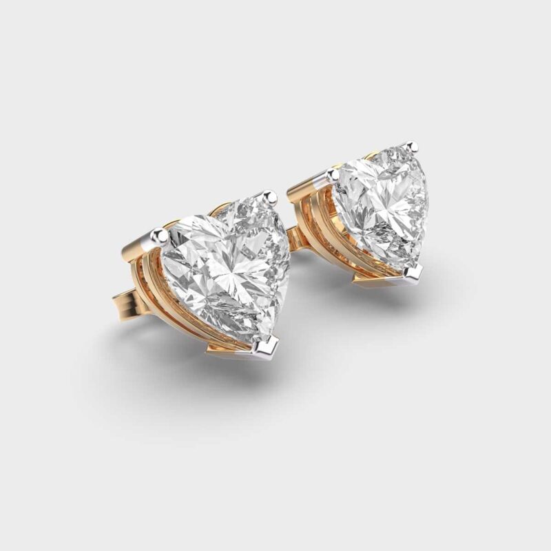Angled view of heart solitaire lab grown diamond earrings