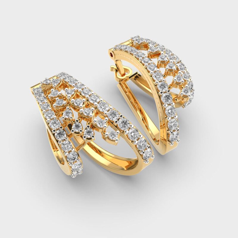 Top angled view of round lab grown diamond cluster 14K yellow gold earrings