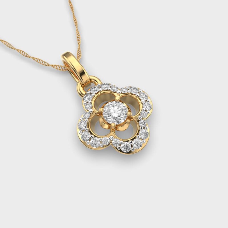Angled close up of 14K yellow gold clover lattice pendant with lab grown diamonds.