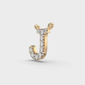 Close-up angled view of a yellow gold lab grown diamond letter J pendant.