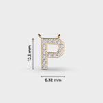 Measurement guide for a 14k gold pavé lab grown diamond initial P pendant.