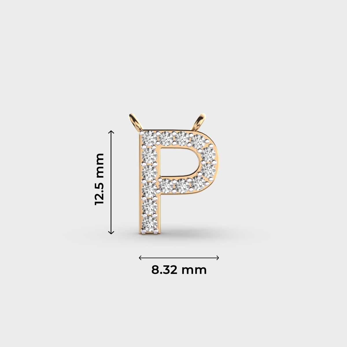 Measurement guide for a 14k gold pavé lab grown diamond initial P pendant.