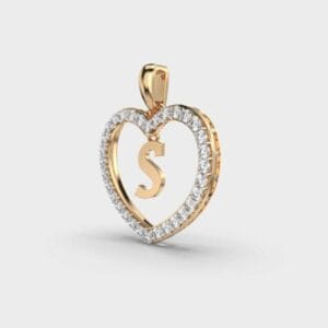 Angled view of 14K gold heart pendant featuring round lab grown diamonds and initial S