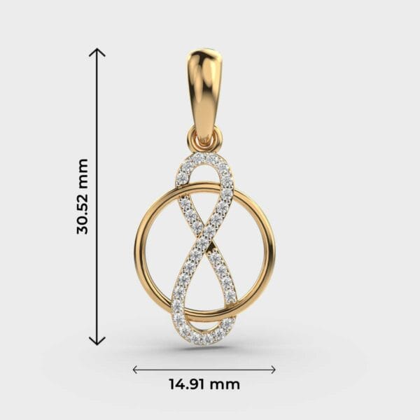 Dimension chart showing 30.52 mm by 14.91 mm size of lab grown diamond infinity pendant.