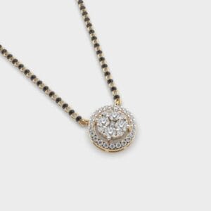 Round lab grown diamond cluster pendant with black bead gold chain detail view