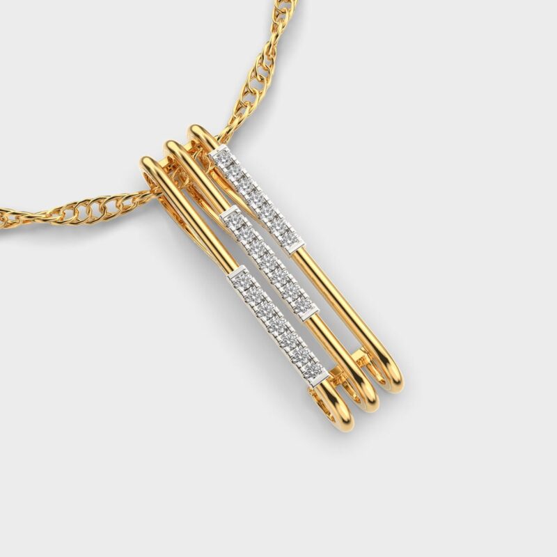 Staggered three-bar 14k gold pendant set with round lab grown diamonds on chain.