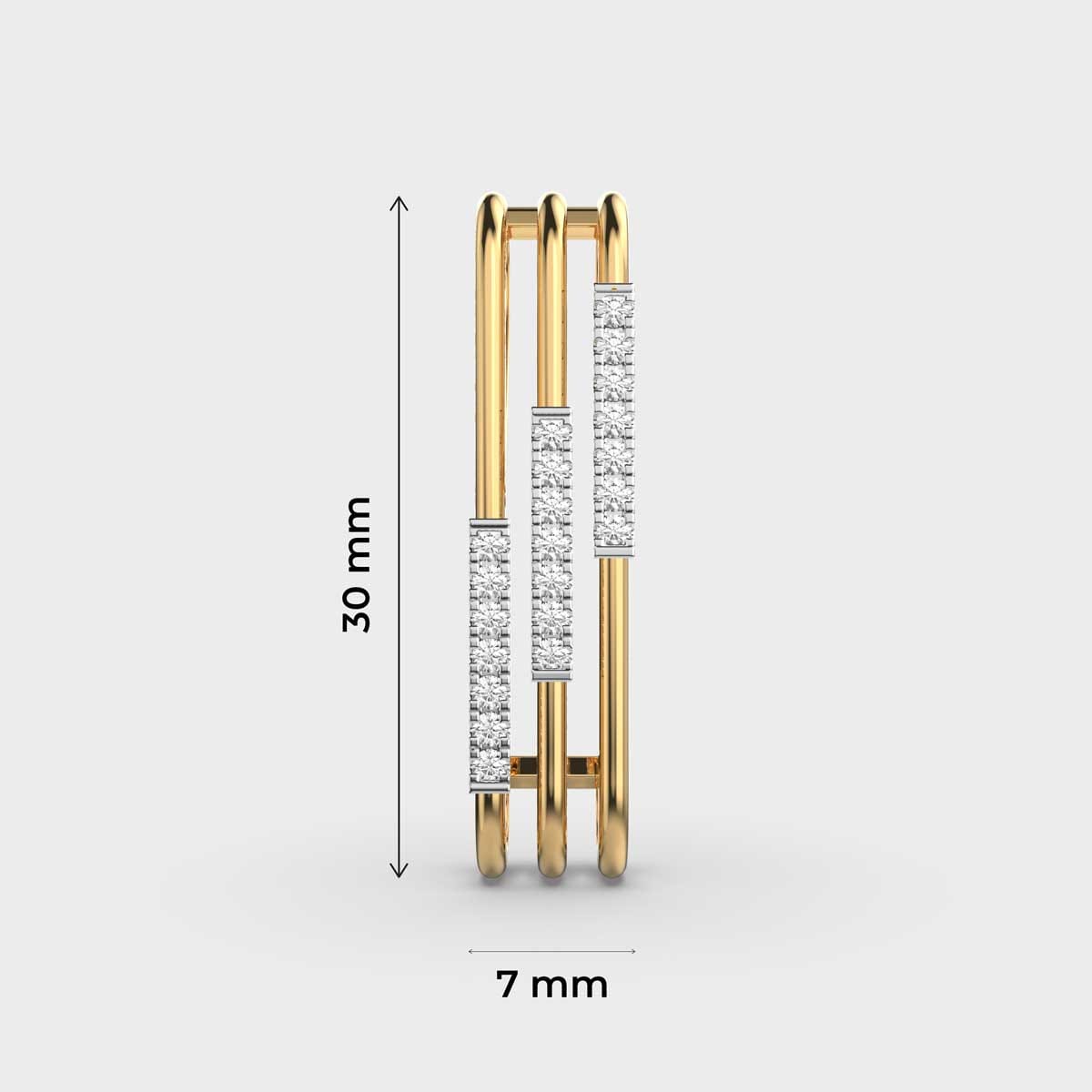 Measurement view of 14k yellow gold trio offset linear ring with lab grown diamonds.