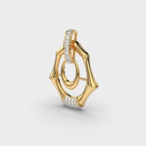 Angled perspective of a yellow gold bamboo frame openwork lab grown diamond pendant.
