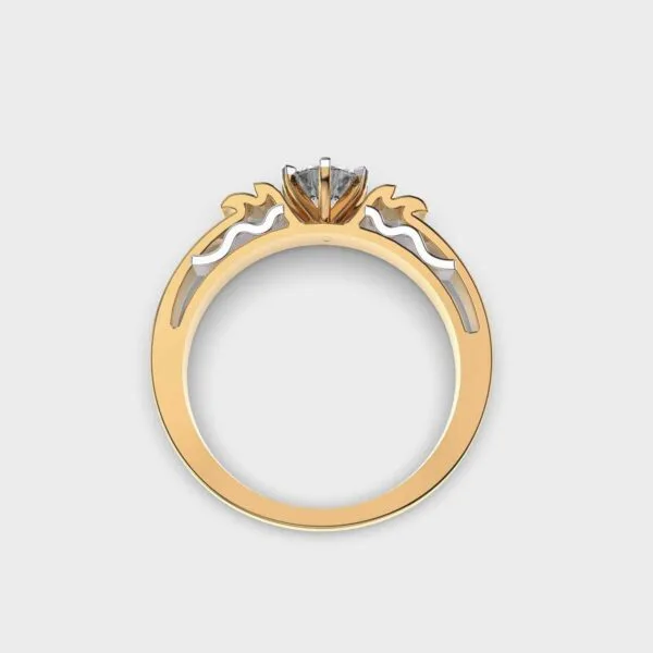 14K gold ring showing sculptural shoulders and diamond setting