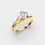 Round lab grown diamond held by tapered 14K gold ring shoulders
