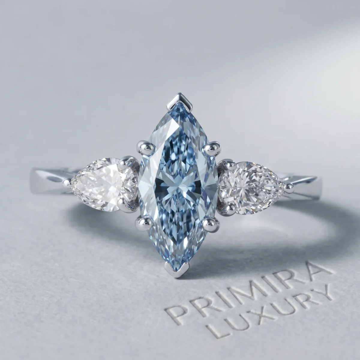 Eternal Grace 2 Carat Marquise Fancy Blue Trio Engagement Ring Online | Primira Luxury