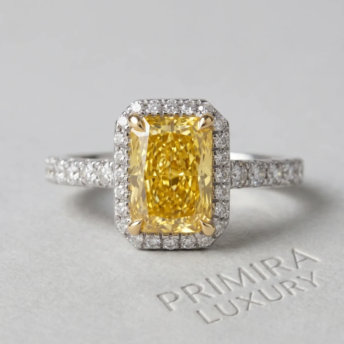 Radiant Sunrise 1.5 Carat Radiant Vivid Yellow Halo Ring Online | Primira Luxury