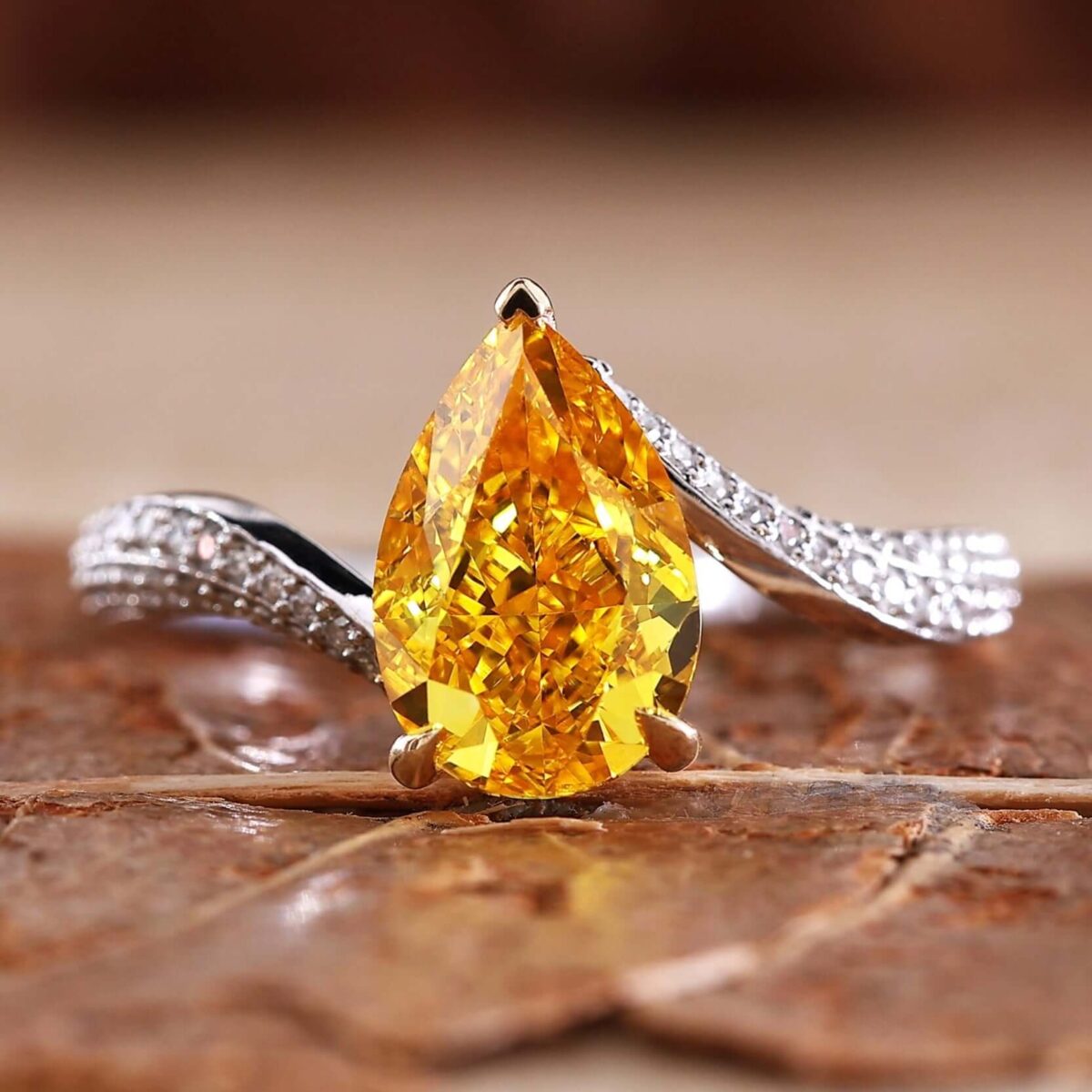 Golden Twist Pear Yellow Diamond Bypass Ring – View 1