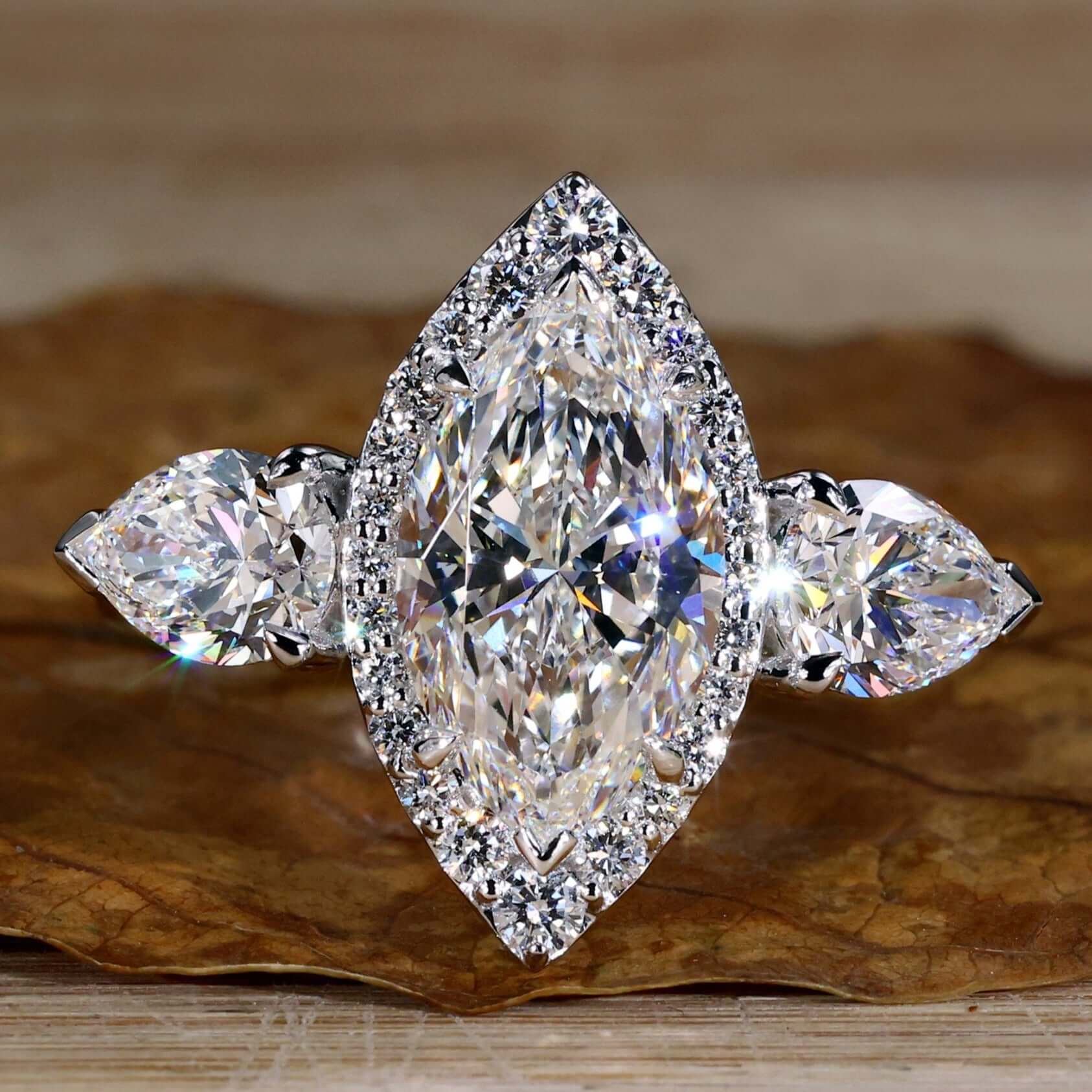 Triumphant Love Marquise and Pear Lab Grown Diamond Three Stone Ring – View 1