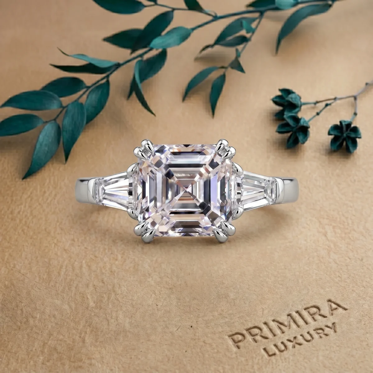 rng-3st-lgd-24-dr11 (1) Luxe Bloom 2 Carat Asscher White Three-Stone Ring Online | Primira Luxury