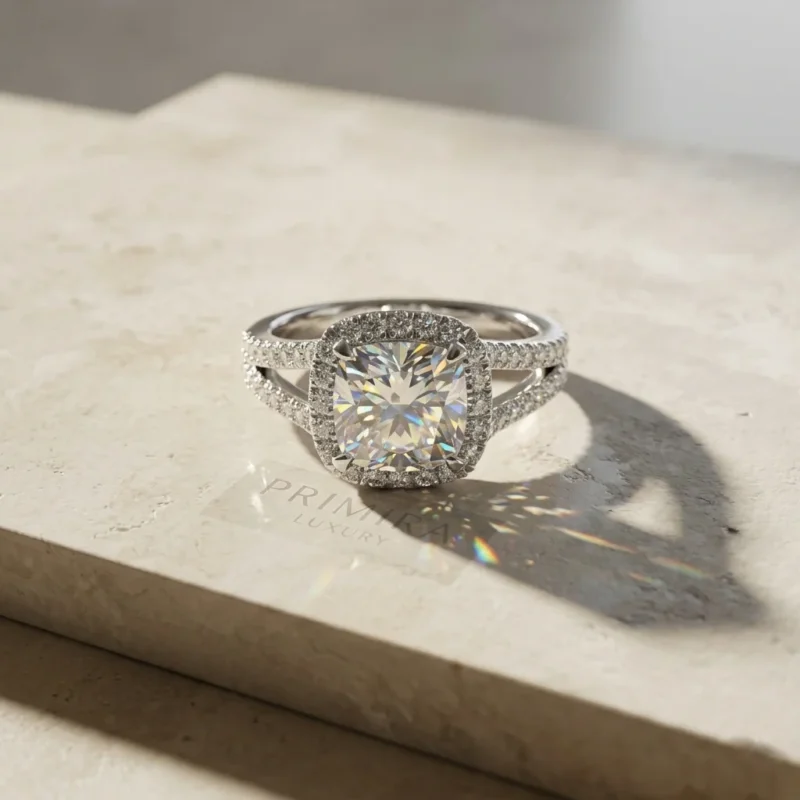 Radiant Symphony 3 Carat Cushion Halo Proposal Ring