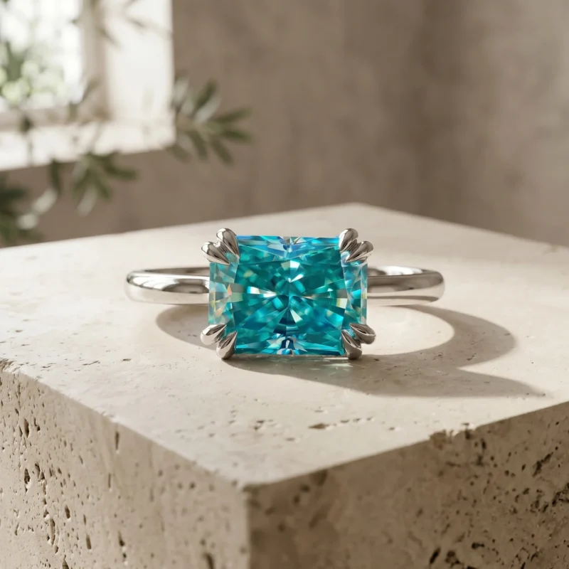 East-West 2 Carat Radiant Fancy Blue Solitaire Ring