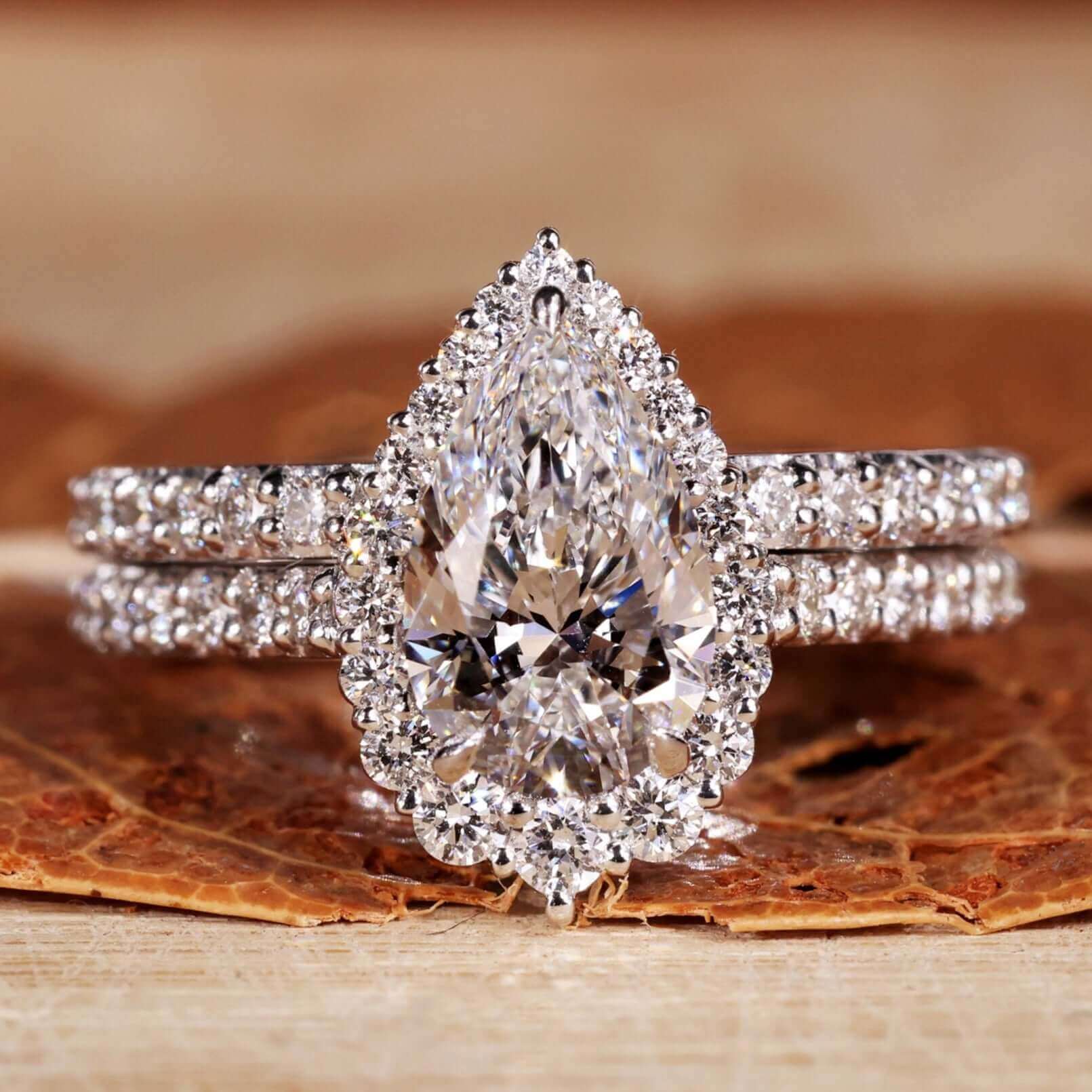 is white gold more expensive than yellow gold ? 1 Evermore Pear Bridal Set – View 2