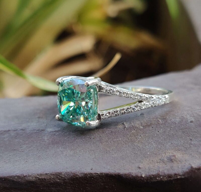 Azure Splendor Split Shank Cushion Moissanite Ring – View 5