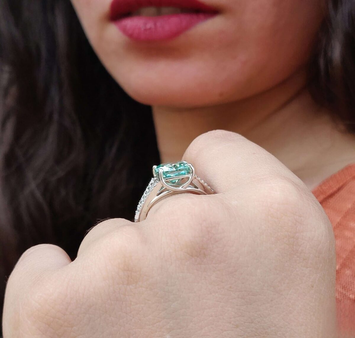 Azure Splendor Split Shank Cushion Moissanite Ring – View 4