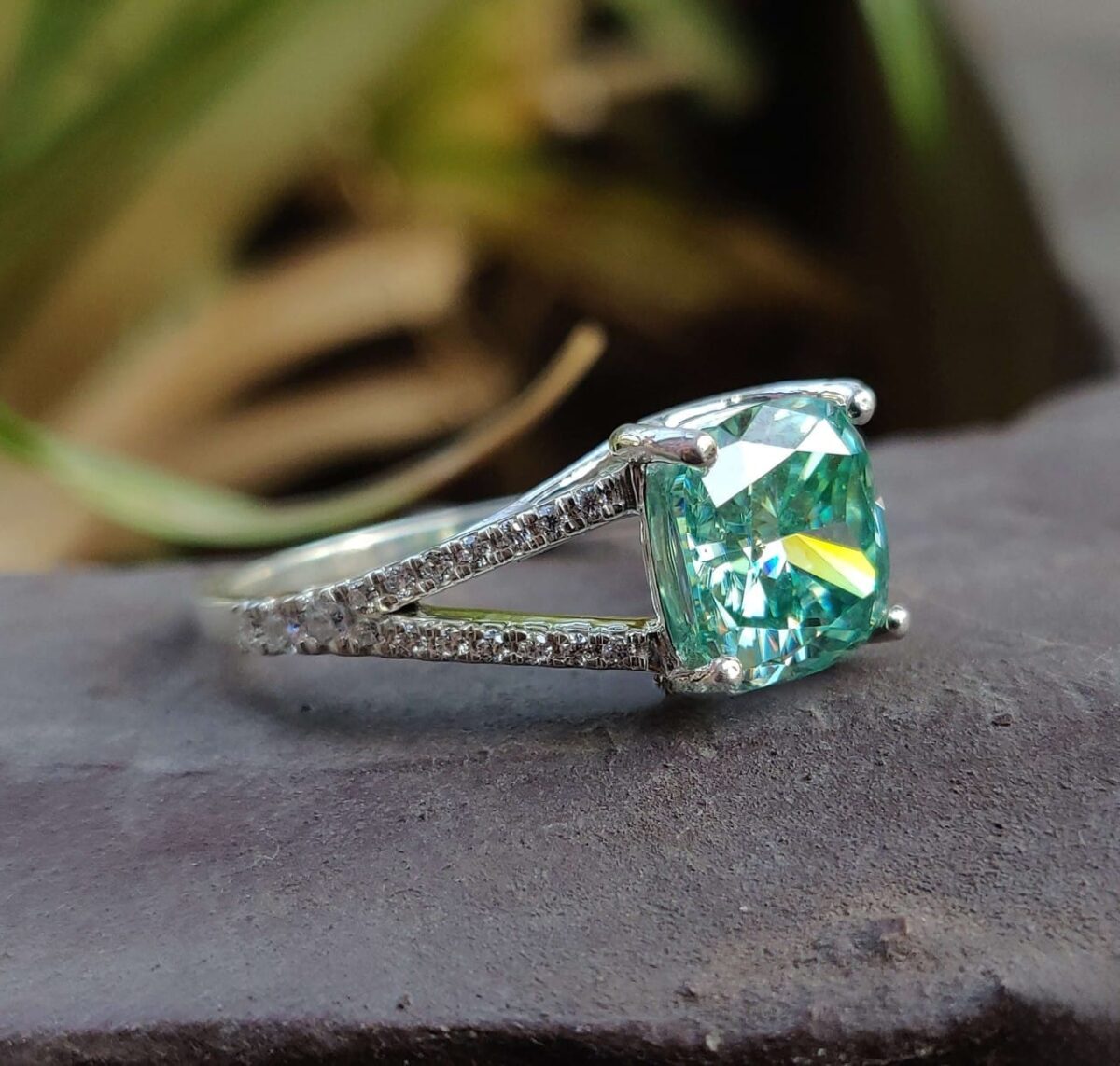 Azure Splendor Split Shank Cushion Moissanite Ring – View 3