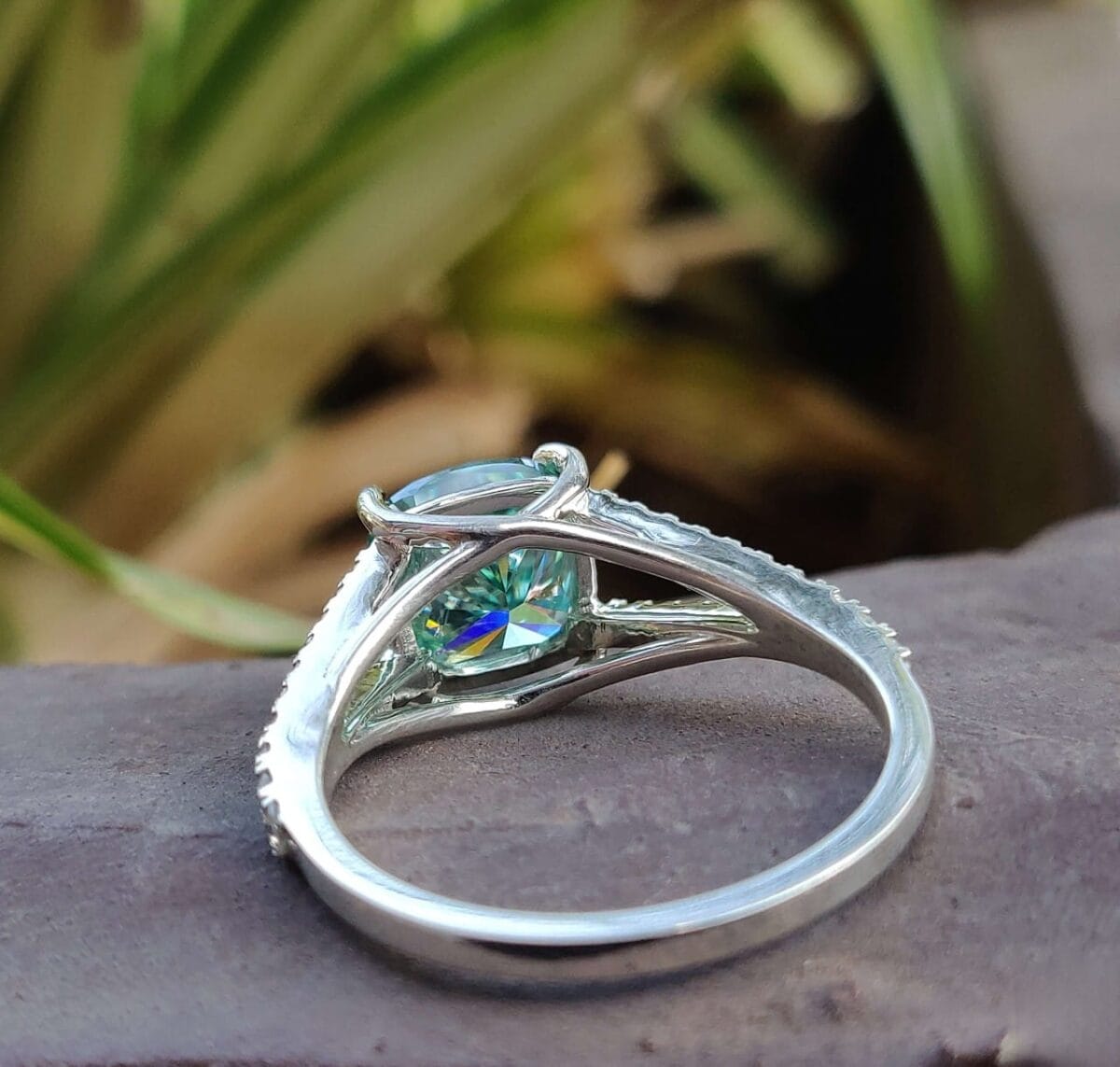 Azure Splendor Split Shank Cushion Moissanite Ring – View 2