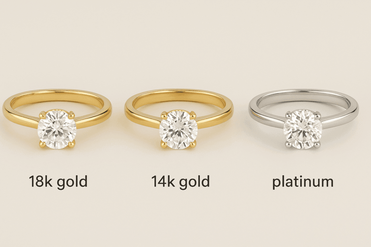 how to buy a stunning lab-grown diamond engagement ring on a budget 3 Lab-grown diamond engagement rings displayed together in 18kt gold, 14k gold, and platinum