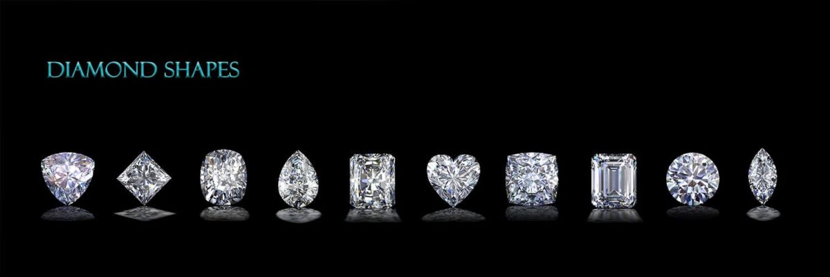 diamond shapes explained: round, oval, cushion & more 2 Assorted diamond shapes in a single image highlighting round, princess, emerald, cushion, pear, oval, marquise, and heart cuts