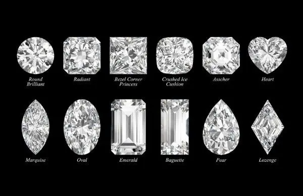 diamond shapes explained: round, oval, cushion & more 1 All popular diamond shapes shown together: round, princess, cushion, emerald, pear, oval, marquise, and heart
