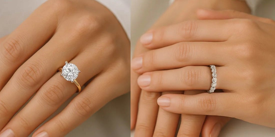 how to style an anniversary band 3 Comparison of wedding ring and engagement ring showing design and style differences