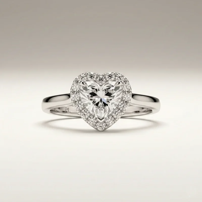 Heart halo 0.50 ct lab grown diamond engagement ring in white gold with raised halo basket and slim comfort-fit band.