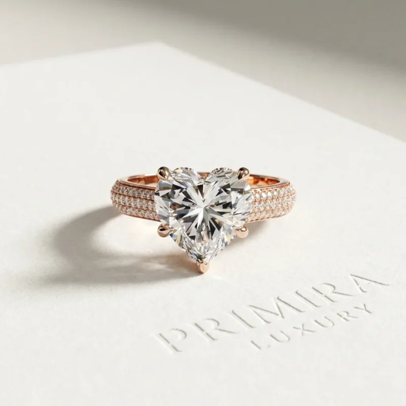 Heart cathedral pavé lab grown diamond engagement ring with 1.00 ct center stone in yellow gold.