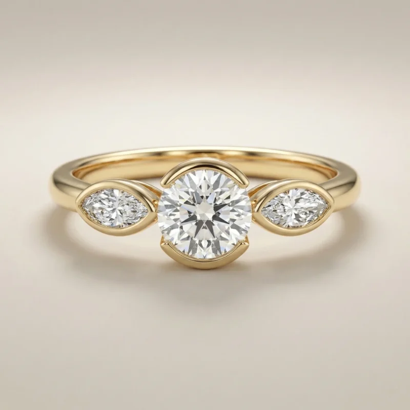 Round lab grown diamond three-stone engagement ring with marquise side stones in yellow gold, 1.0 carat center diamond design