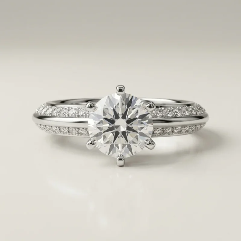 Round pavé shoulder 1 carat lab grown diamond engagement ring in white gold with elevated four-prong solitaire setting
