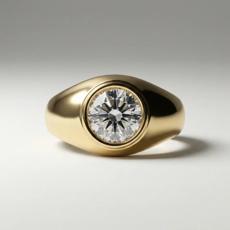 Round bezel solitaire 1.00 ct lab grown diamond ring in yellow gold signet-style design
