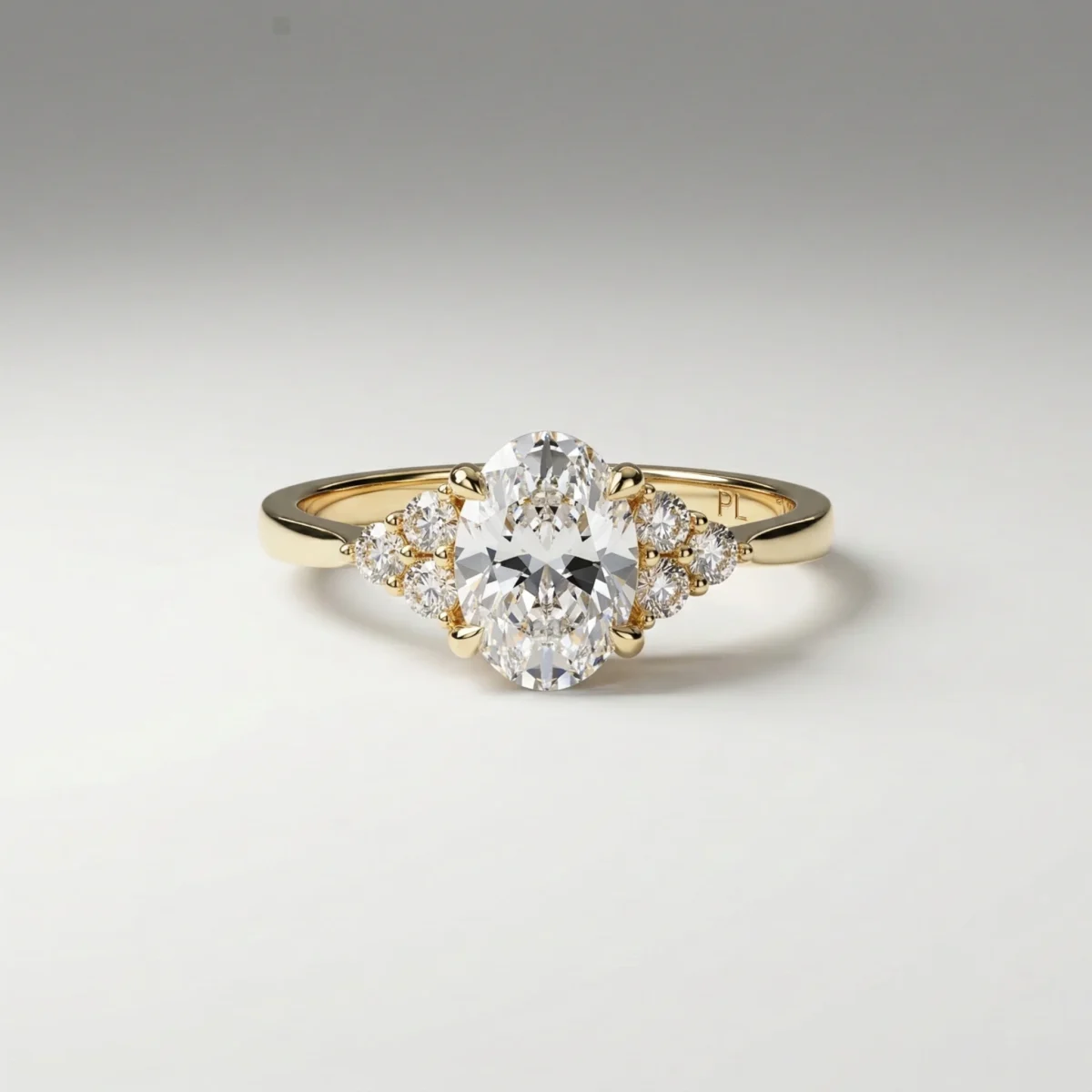 0.75 carat oval lab grown diamond engagement ring with side cluster diamonds in yellow gold