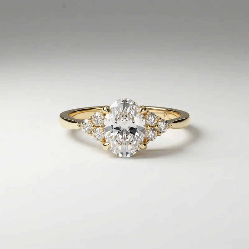0.75 carat oval lab grown diamond engagement ring with side cluster diamonds in yellow gold