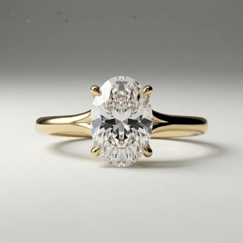 Oval four-prong solitaire 1 carat lab grown diamond engagement ring in yellow gold with slim polished band.
