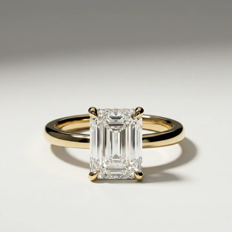 1.0 ct emerald cut lab grown diamond hidden halo engagement ring with pavé gallery in yellow gold