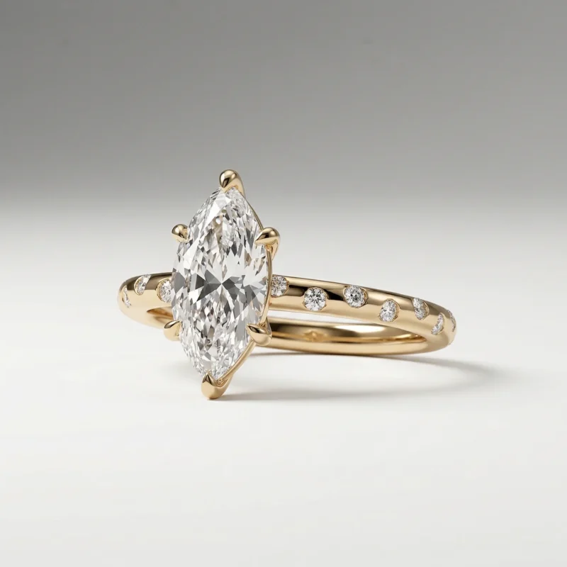 Marquise cut lab grown diamond solitaire ring in 14K gold with flush-set accent stones.